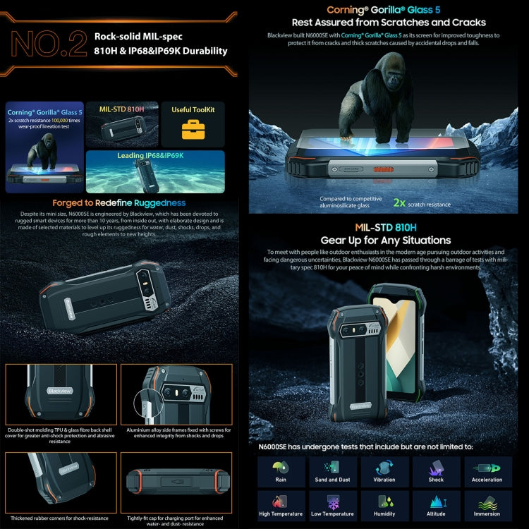 Blackview N6000SE, IP68/IP69K/MIL-STD-810H, 4GB+128GB, 4.3 inch Android 13 MediaTek MT8788 Octa Core, Network: 4G, OTG, NFC (Black) by Blackview