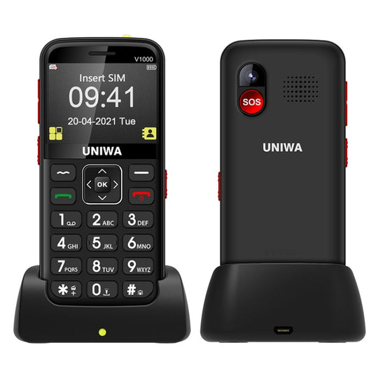 UNIWA V1000 4G Elder Mobile Phone, 2.31 inch, UNISOC TIGER T117, 1800mAh Battery, 21 Keys, Support BT, FM, MP3, MP4, SOS, Torch, Network: 4G, with Docking Base(Black)