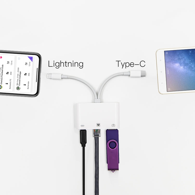 NK-107 Pro 3 in 1 USB-C / Type-C + 8 Pin Male to USB + RJ45 + 8 Pin Charging Female Interface Adapter by buy2fix