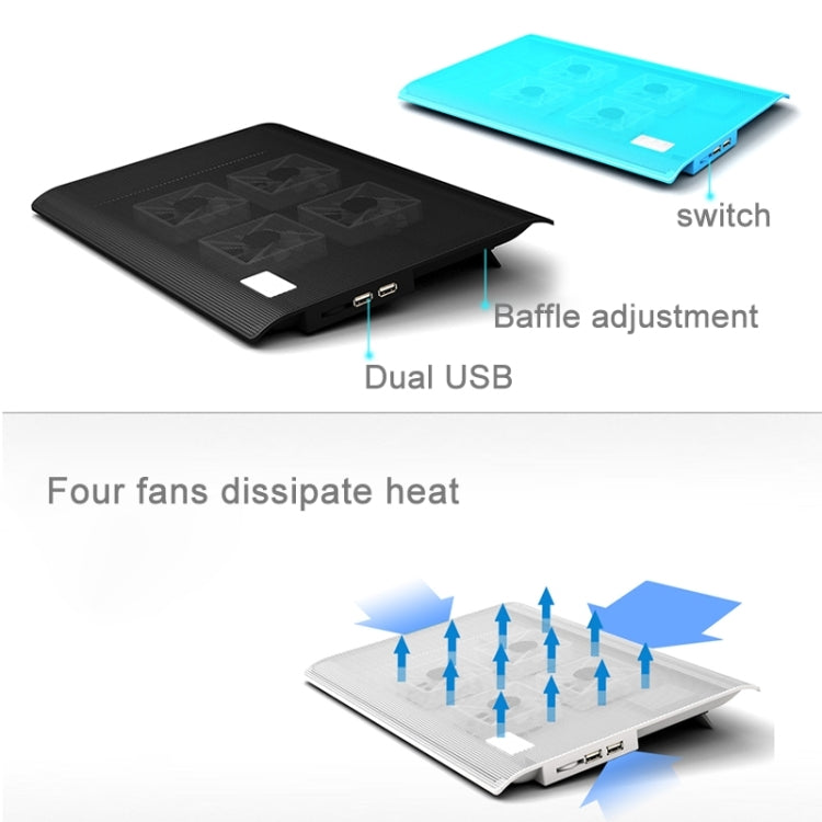 NUOXI L112A Four Fans Adjustable Speed Silent Notebook Computer Cooling Base USB Cooler Pad with 2 x USB Ports(Black) - Cooling Pads by NUOXI | Online Shopping UK | buy2fix