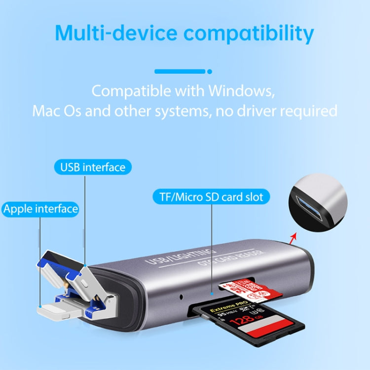 118 2 in 1 USB + 8 Pin Interfaces USB Flash Disk / Memory Card OTG Card Reader for IOS System Mobile Phone / Computer (Light Grey) by buy2fix