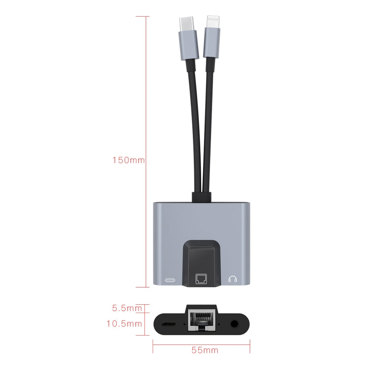 NK-1056Pro 3 in 1 8 Pin + USB-C / Type-C Male to 8 Pin Charging + Ethernet + 3.5mm Earphone Female Adapter by buy2fix