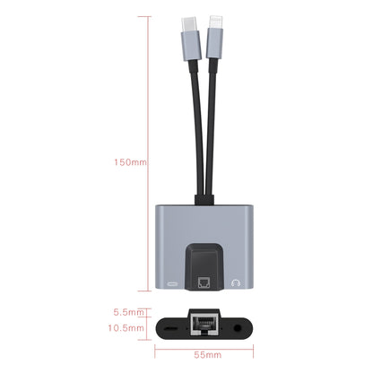 NK-1056Pro 3 in 1 8 Pin + USB-C / Type-C Male to 8 Pin Charging + Ethernet + 3.5mm Earphone Female Adapter by buy2fix
