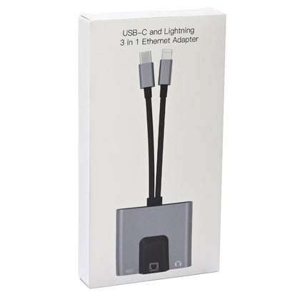 NK-1056Pro 3 in 1 8 Pin + USB-C / Type-C Male to 8 Pin Charging + Ethernet + 3.5mm Earphone Female Adapter by buy2fix