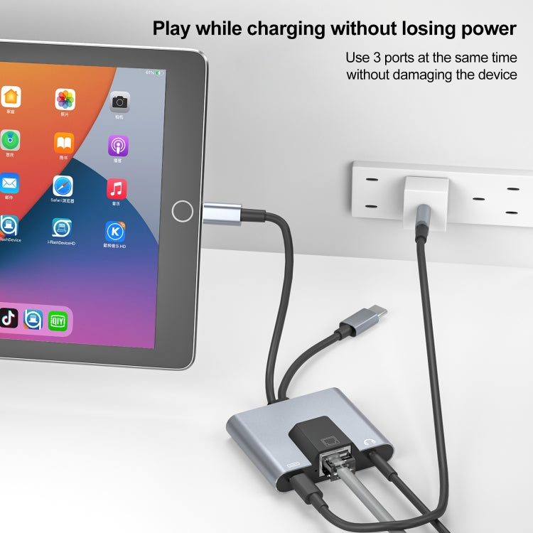 NK-1056Pro 3 in 1 8 Pin + USB-C / Type-C Male to 8 Pin Charging + Ethernet + 3.5mm Earphone Female Adapter by buy2fix