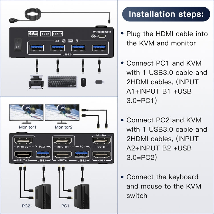 KC-KVM202AS 4K 60HZ USB3.0 HDMI Dual Display KVM Switcher Support EDID Analog Lock Screen by buy2fix