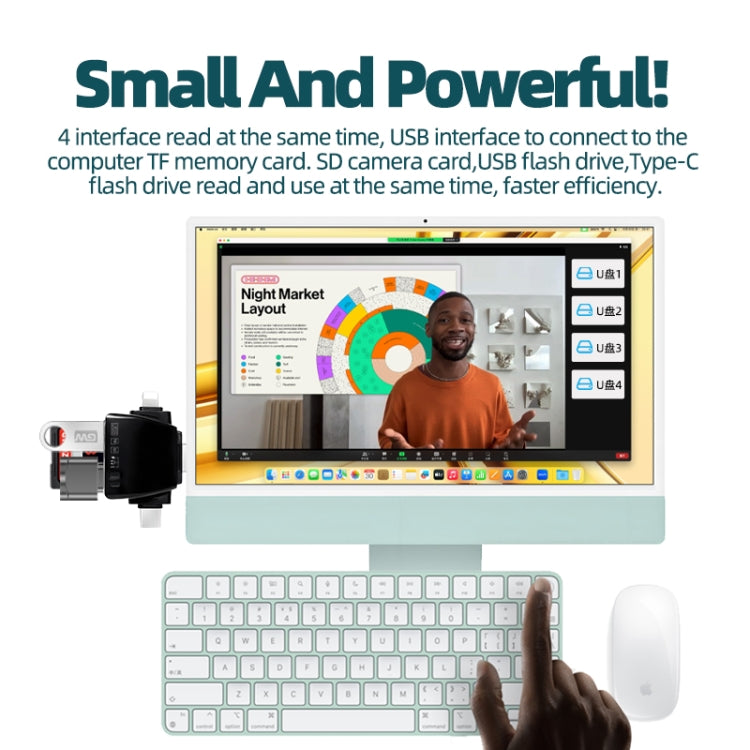 7 in 1 Card Reader USB + Type-C + 8 Pin + TF Card + SD Card + Earphone Adapter (Black) by buy2fix