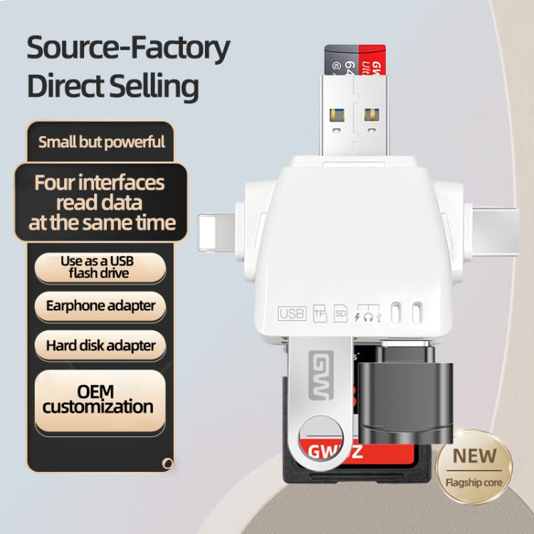 7 in 1 Card Reader USB + Type-C + 8 Pin + TF Card + SD Card + Earphone Adapter (White) by buy2fix