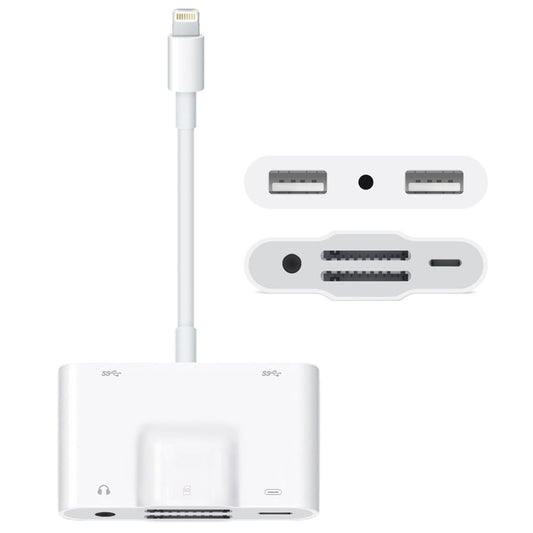 NK-1042 6 in 1 8 Pin Male to Dual USB + Dual SD Card + 3.5mm Audio Interface + 8 Pin Charging Interface Female Port Camera Adapter by buy2fix