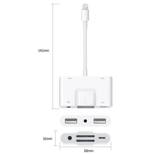 NK-1042 6 in 1 8 Pin Male to Dual USB + Dual SD Card + 3.5mm Audio Interface + 8 Pin Charging Interface Female Port Camera Adapter by buy2fix