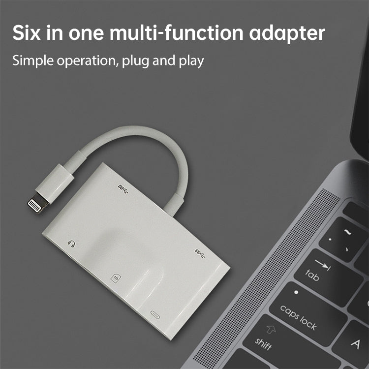 NK-1042 6 in 1 8 Pin Male to Dual USB + Dual SD Card + 3.5mm Audio Interface + 8 Pin Charging Interface Female Port Camera Adapter by buy2fix