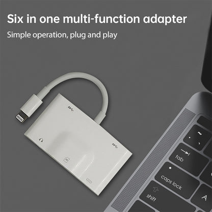 NK-1042 6 in 1 8 Pin Male to Dual USB + Dual SD Card + 3.5mm Audio Interface + 8 Pin Charging Interface Female Port Camera Adapter by buy2fix