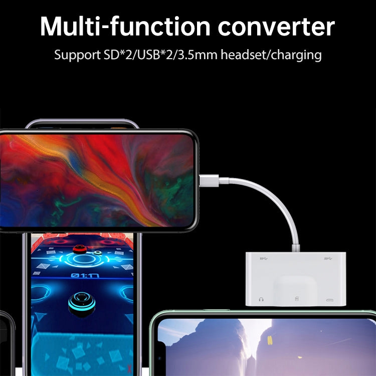 NK-1042 6 in 1 8 Pin Male to Dual USB + Dual SD Card + 3.5mm Audio Interface + 8 Pin Charging Interface Female Port Camera Adapter by buy2fix