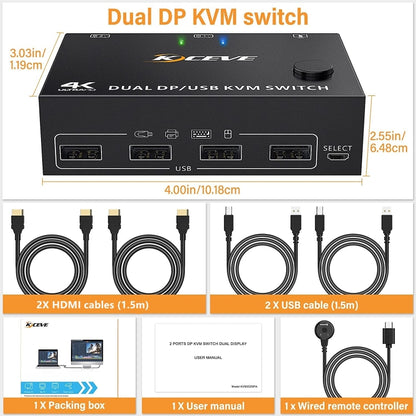 KC-KVM202DPA-USB2.0 DP 3DP+3DP KVM Switch (Black) by buy2fix