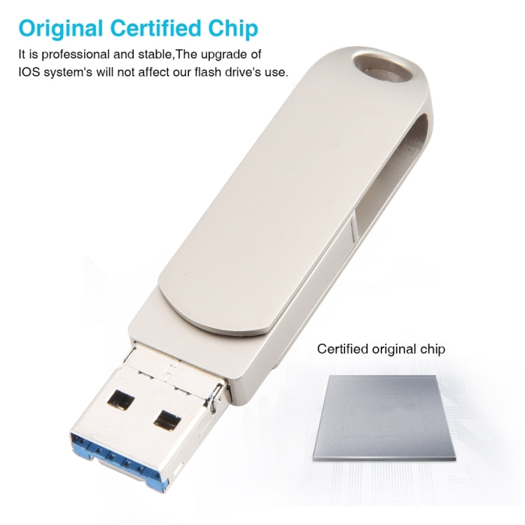 3 in 1 64G USB + 8 Pin + Type-C Metal Rotating Push-pull Flash Disk with OTG Function (Silver) by buy2fix