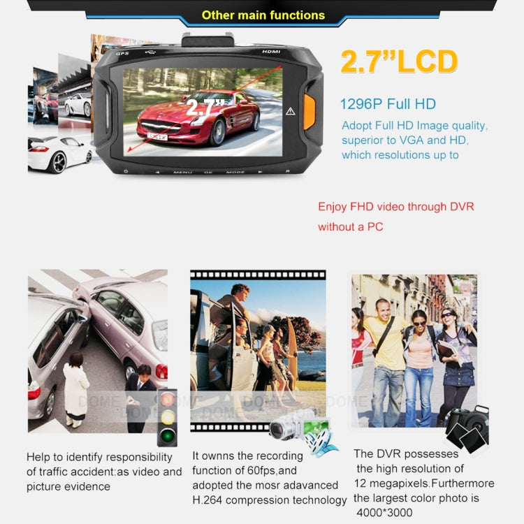 GS90C Car DVR Camera 2.7 inch LCD Screen HD 2304 x 1296P 170 Degree Wide Angle Viewing, Support Motion Detection / TF Card / G-Sensor / HDMI(Black) by buy2fix