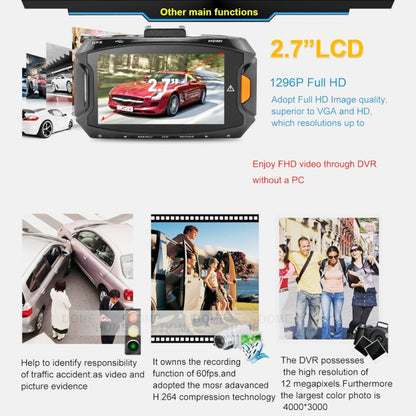 GS90C Car DVR Camera 2.7 inch LCD Screen HD 2304 x 1296P 170 Degree Wide Angle Viewing, Support Motion Detection / TF Card / G-Sensor / HDMI(Black) by buy2fix