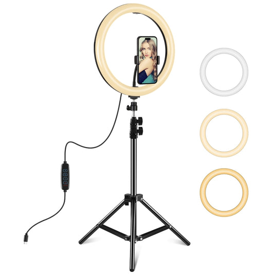 PULUZ 11.8 inch 30cm Light + 1.1m Tripod Mount Curved Surface Type-C 3 Modes Dimmable Dual Color Temperature LED Ring Vlogging Video Light  Live Broadcast Kits with Phone Clamp (Black) - Ring Light by PULUZ | Online Shopping UK | buy2fix