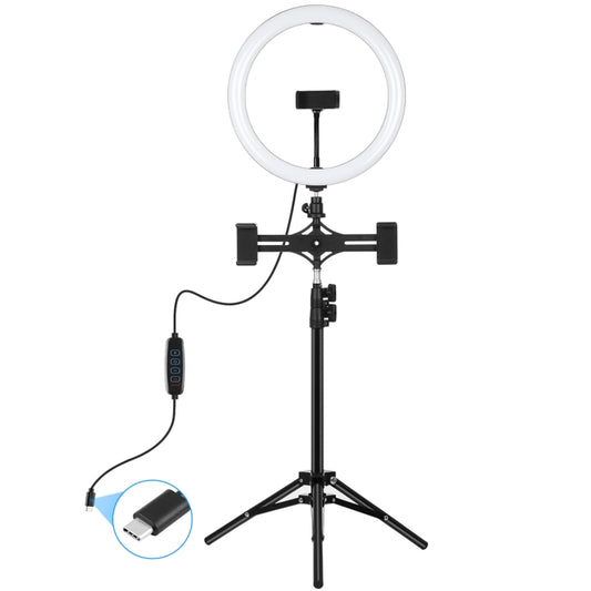 PULUZ 11.8 inch 30cm Light + 1.1m Tripod Mount + Dual Phone Brackets Curved Surface Type-C 3 Modes Dimmable Dual Color Temperature LED Ring Vlogging Video Light Live Broadcast Kits with Phone Clamp (Black) - Ring Light by PULUZ | Online Shopping UK | buy2fix