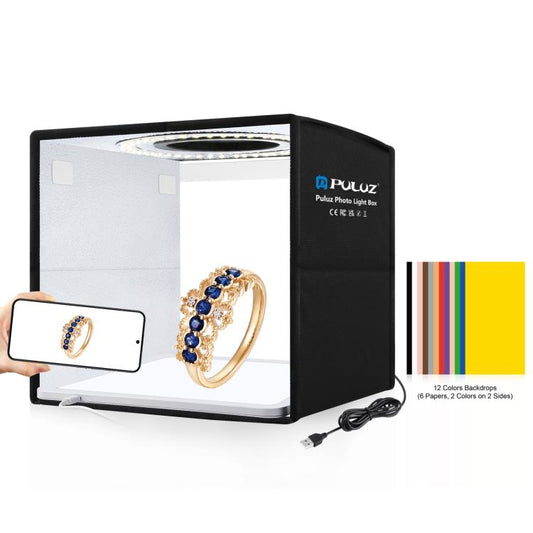 PULUZ 25cm Folding Portable High CRI Ring LED Photo Lighting Studio Tent Box + Shadowless Light Lamp Panel Pad with 12 Colors Backdrops, Size: 25cm x 25cm x 25cm(Black) -  by PULUZ | Online Shopping UK | buy2fix