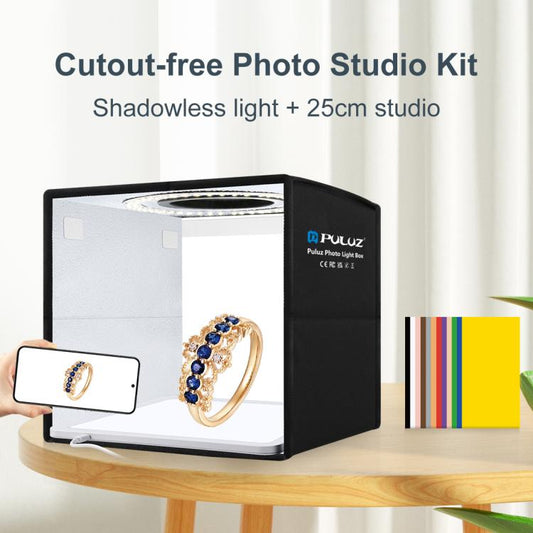 PULUZ 25cm Folding Portable High CRI Ring LED Photo Lighting Studio Tent Box + Shadowless Light Lamp Panel Pad with 12 Colors Backdrops, Size: 25cm x 25cm x 25cm(Black) -  by PULUZ | Online Shopping UK | buy2fix