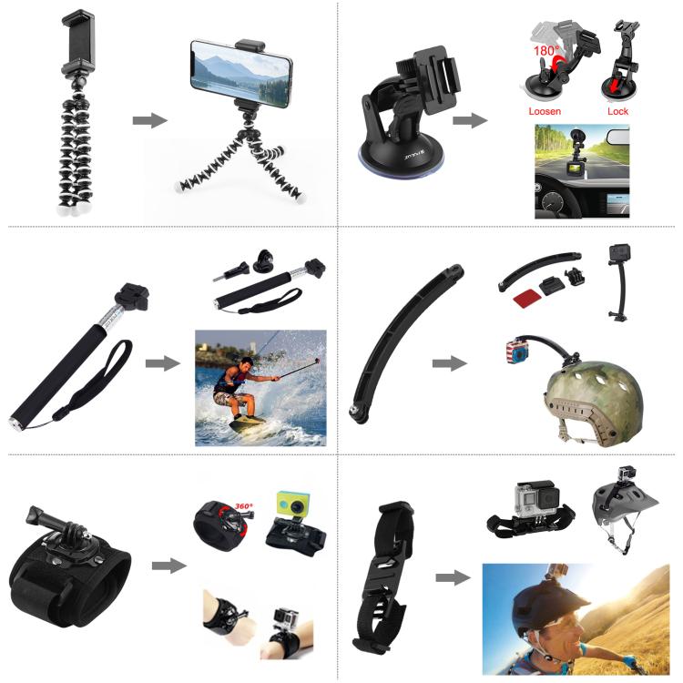 PULUZ 50 in 1 Accessories Total Ultimate Combo Kits with EVA Case (Chest Strap + Suction Cup Mount + 3-Way Pivot Arms + J-Hook Buckle + Wrist Strap + Helmet Strap + Extendable Monopod + Surface Mounts ...  for GoPro, Insta360, DJI and Other Action Cameras -  by PULUZ | Online Shopping UK | buy2fix