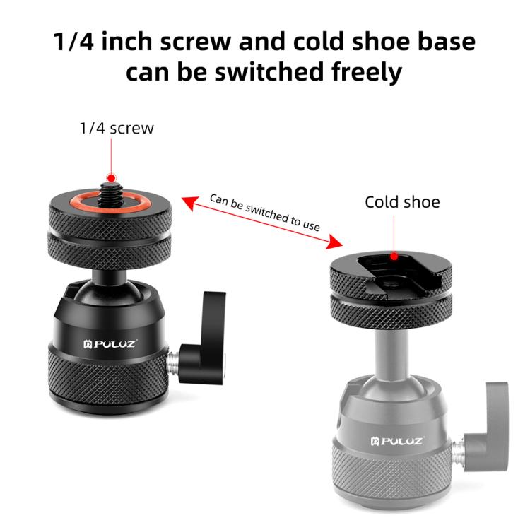 PULUZ Multifunctional Aluminum Alloy Mini Ball Head Tripod Mount Adapter, Cold Shoe & 1/4 Screw Dual-Use (Black) - Tripod Heads by PULUZ | Online Shopping UK | buy2fix