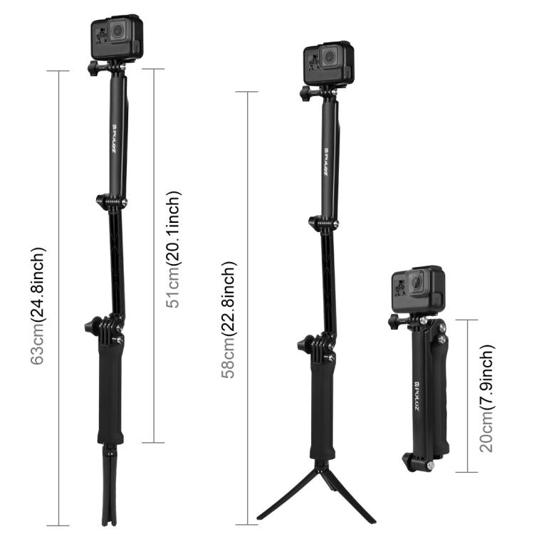 PULUZ 3-Way Grip Foldable Tripod Selfie-stick Extension Monopod for GoPro, Insta360 ONE R, DJI Osmo Action and Other Action Cameras, Length: 20-58cm - Extendable Pole by PULUZ | Online Shopping UK | buy2fix