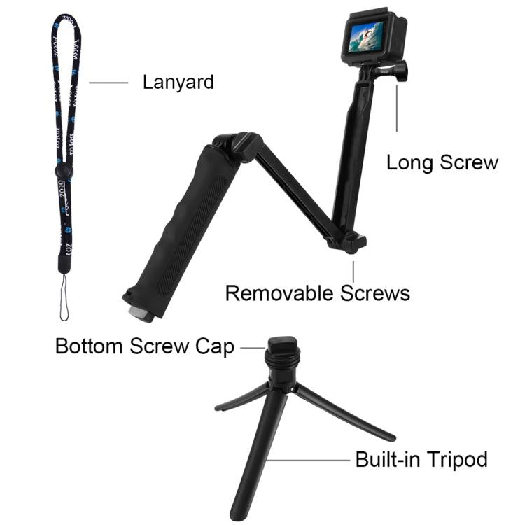 PULUZ 3-Way Grip Foldable Tripod Selfie-stick Extension Monopod for GoPro, Insta360 ONE R, DJI Osmo Action and Other Action Cameras, Length: 20-58cm - Extendable Pole by PULUZ | Online Shopping UK | buy2fix