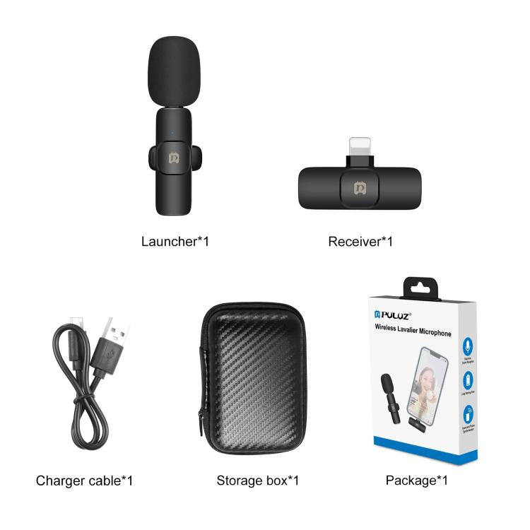PULUZ Wireless Lavalier Noise Reduction Reverb Microphone for 8-Pin Device, Support Phone Charging(Black) - Microphone by PULUZ | Online Shopping UK | buy2fix