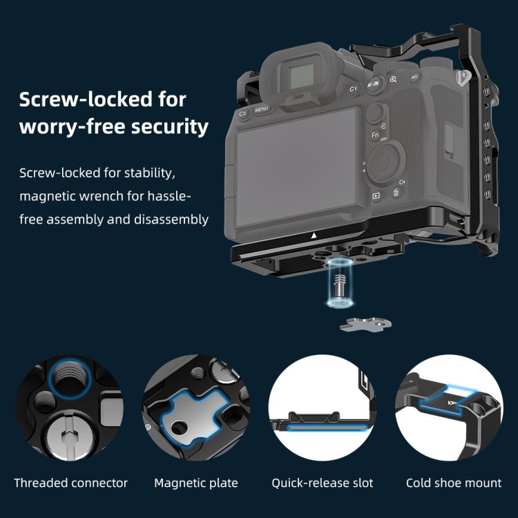 PULUZ Metal Camera Cage Stabilizer Rig for Sony A7 IV / ILCE-7M4 / A7M4 / A7M3 / A7R3  / A7R III / A7R5(Black) - Camera Cage by PULUZ | Online Shopping UK | buy2fix