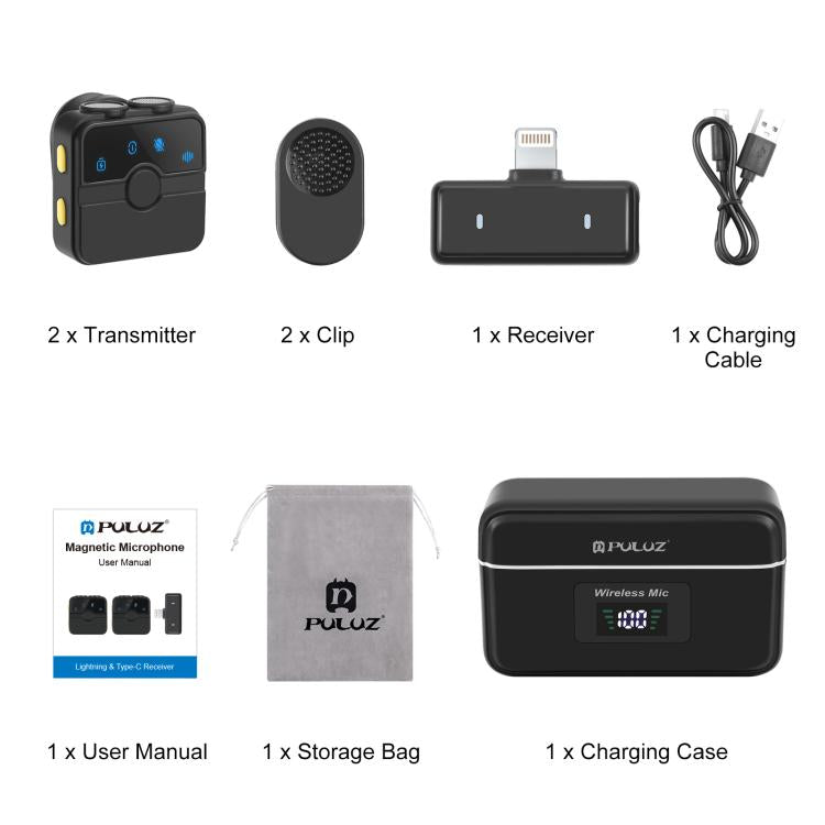 PULUZ Magnetic Lavalier Wireless Microphone with Charging Case Box, 8 Pin RX Receiver and 2 TX Microphones (Black) - Microphone by PULUZ | Online Shopping UK | buy2fix