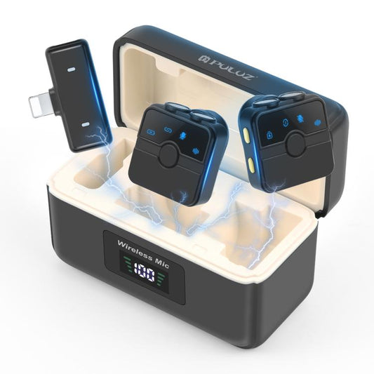 PULUZ Magnetic Lavalier Wireless Microphone with Charging Case Box, 8 Pin RX Receiver and 2 TX Microphones (Black) - Microphone by PULUZ | Online Shopping UK | buy2fix