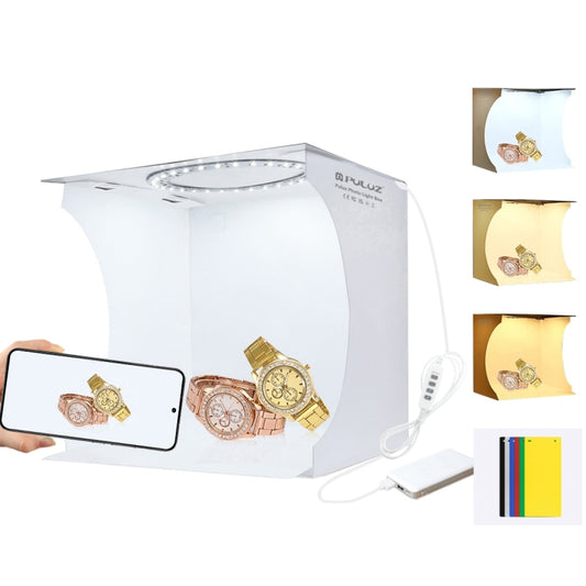PULUZ 23cm Ring LED Panel Folding Portable Light Photo Lighting Studio Shooting Tent Box Kit with 6 Colors Backdrops (Black, White, Yellow, Red, Green, Blue), Unfold Size: 24cm x 23cm x 23cm -  by PULUZ | Online Shopping UK | buy2fix