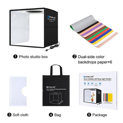 PULUZ 25cm Folding Portable High 97 CRI Ring Light Photo Lighting Studio Shooting Tent Box with 12 Colors Backdrops, Size: 25cm x 25cm x 25cm(Black) -  by PULUZ | Online Shopping UK | buy2fix