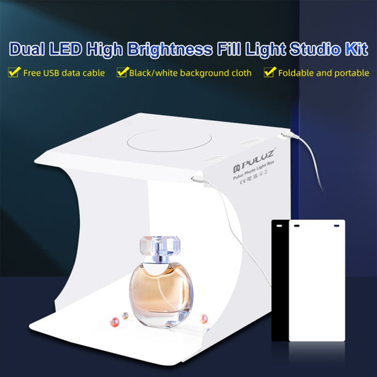 PULUZ 20cm Include 2 LED Panels Folding Portable 1100LM Light Photo Lighting Studio Shooting Tent Box Kit with 2 Colors Backdrops (Black, White), Unfold Size: 24cm x 23cm x 23cm -  by PULUZ | Online Shopping UK | buy2fix