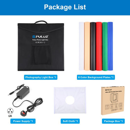 PULUZ 40cm Folding Portable White Light Dimmable Photo Lighting Studio Shooting Tent Box Kit with 6 Colors (Black, Orange, White, Red, Green, Blue) Backdrops(UK Plug) -  by PULUZ | Online Shopping UK | buy2fix