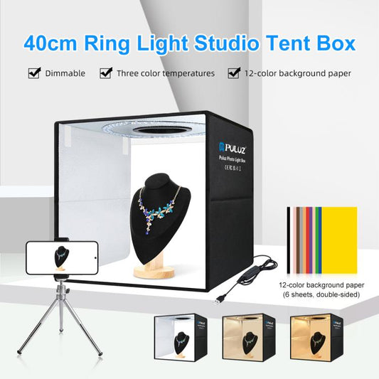 PULUZ 40cm Folding Portable Ring Light USB Photo Lighting Studio Shooting Tent Box with 6 x Dual-side Color Backdrops, Size: 40cm x 40cm x 40cm(Black) -  by PULUZ | Online Shopping UK | buy2fix