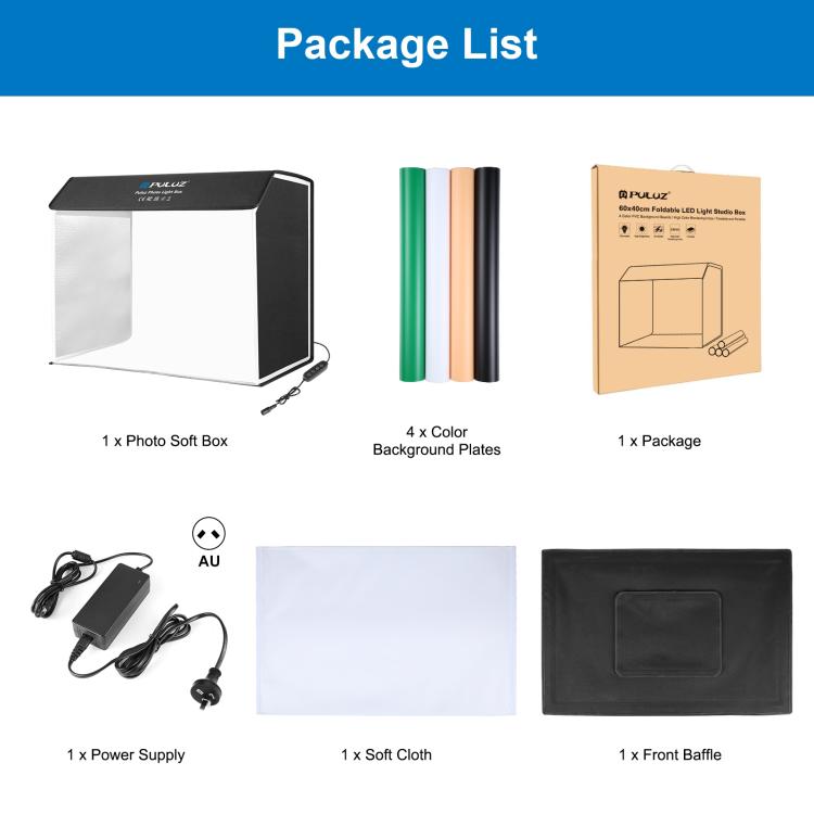 PULUZ Photo Studio Light Box Portable 60 x 40cm Cuboid Photography Studio Tent Kit with 4 Color Backdrops (AU Plug) -  by PULUZ | Online Shopping UK | buy2fix