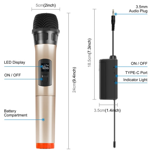 PULUZ UHF Wireless Dynamic Microphone with LED Display(Gold) - Microphone by PULUZ | Online Shopping UK | buy2fix