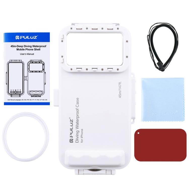 PULUZ 45m/147ft Waterproof Diving Case Photo Video Taking Underwater Housing Cover for iPhone 14 Series, iPhone 13 Series, iPhone 12 Series, iPhone 11 Series, iPhone X Series, iPhone 8 & 7, iPhone 6s, iOS 13.0 or Above Version iPhone(White) - iPhone 14 Pro Cases by PULUZ | Online Shopping UK | buy2fix