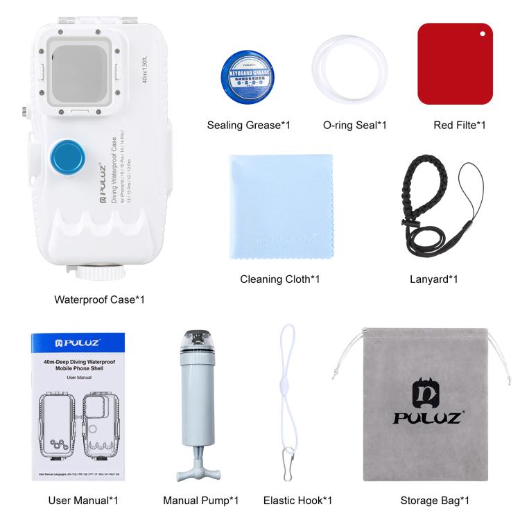PULUZ 40m/130ft Waterproof Diving Case for iPhone 16 / 15 / 15 Pro / 14 / 14 Pro / 13 / 13 Pro / 12 / 12 Pro, with One-way Valve Photo Video Taking Underwater Housing Cover(White) - iPhone 14 Cases by PULUZ | Online Shopping UK | buy2fix