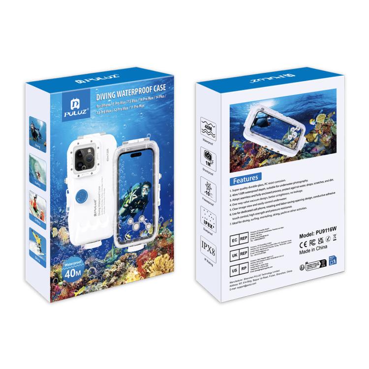 PULUZ 40m/130ft Waterproof Diving Case for iPhone 15 Pro Max / 15 Plus / 14 Plus / 14 Pro Max / 13 Pro Max / 12 Pro Max / 11 Pro Max, with One-way Valve Photo Video Taking Underwater Housing Cover(White) - iPhone 15 Pro Max Cases by PULUZ | Online Shopping UK | buy2fix