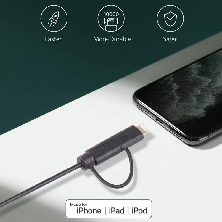 1m MFI 2 in 1 8 pin + Micro USB 2.0 Male to USB Data Sync Charging Cable(Black) by buy2fix