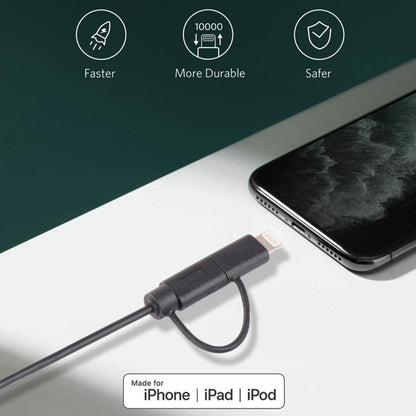 1m MFI 2 in 1 8 pin + Micro USB 2.0 Male to USB Data Sync Charging Cable(White) by buy2fix