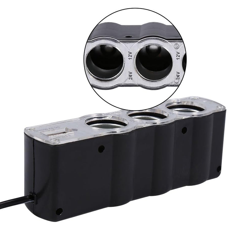 WF-0120 12V / 24V 3 Way Triple Sockets USB Car Cigarette Lighter Socket Splitter Charger(Black) - Cigar Socket by buy2fix | Online Shopping UK | buy2fix