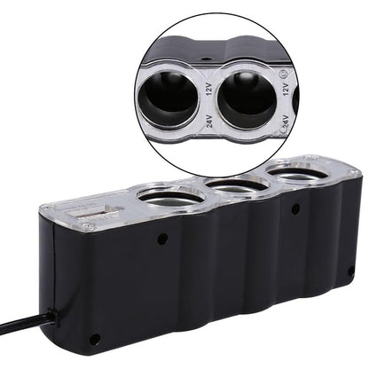 WF-0120 12V / 24V 3 Way Triple Sockets USB Car Cigarette Lighter Socket Splitter Charger(Black) - Cigar Socket by buy2fix | Online Shopping UK | buy2fix