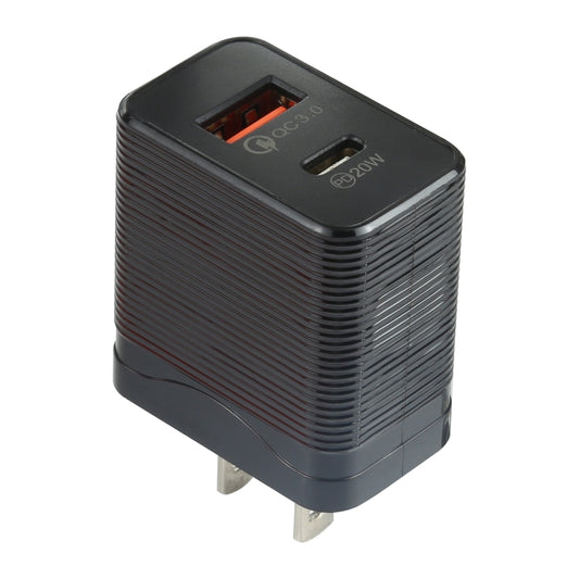 LZ-728 QC 3.0 USB + PD 20W USB-C / Type-C Fast Travel Charger, US Plug (Black) - USB Charger by buy2fix | Online Shopping UK | buy2fix