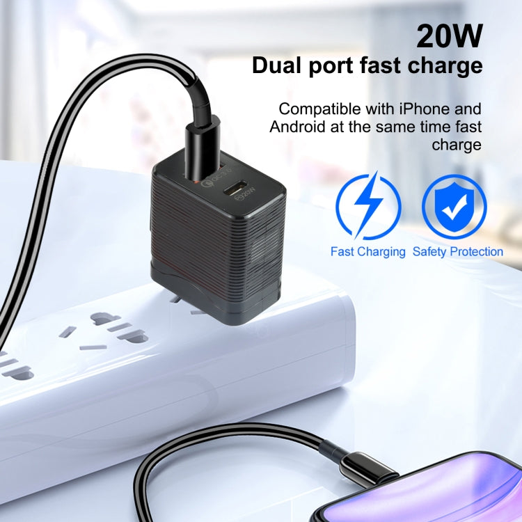 LZ-728 QC 3.0 USB + PD 20W USB-C / Type-C Fast Travel Charger, US Plug (Black) - USB Charger by buy2fix | Online Shopping UK | buy2fix