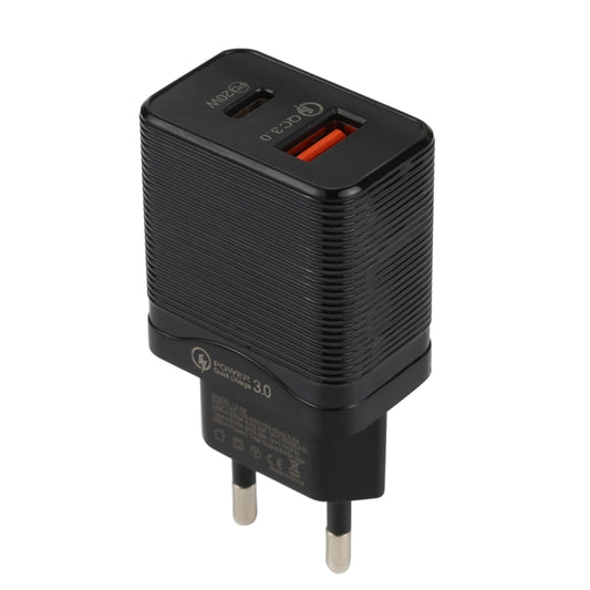 LZ-728 QC 3.0 USB + PD 20W USB-C / Type-C Fast Travel Charger, EU Plug(Black) - USB Charger by buy2fix | Online Shopping UK | buy2fix